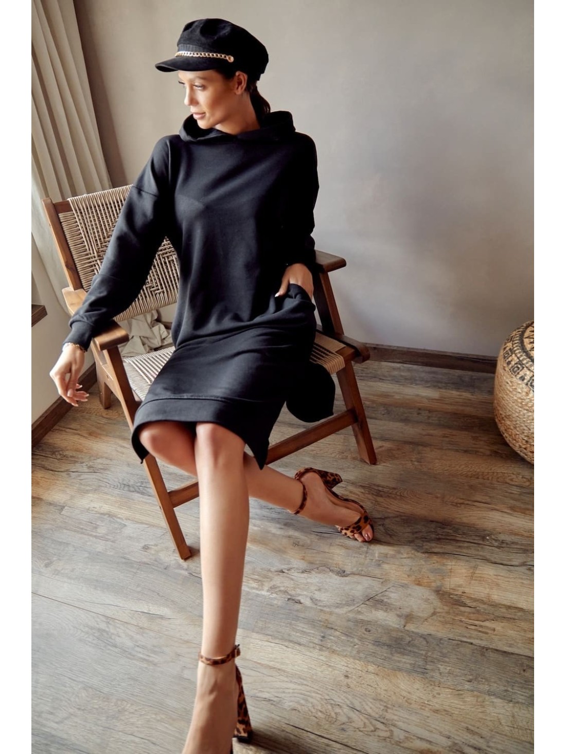 Sports midi dress with hood, black FI725 - Online store - Boutique